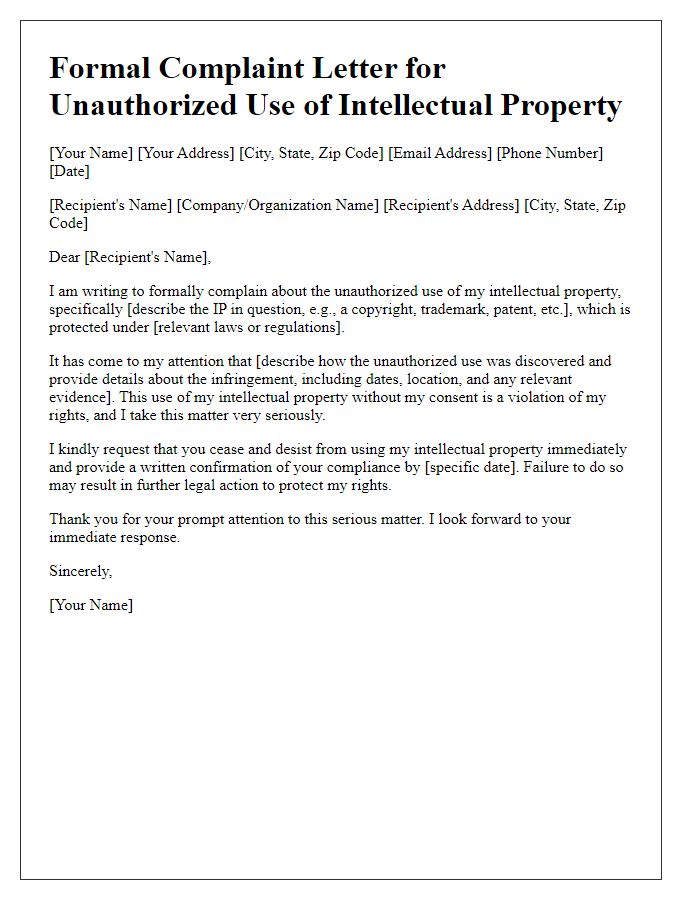 Letter template of formal complaint for unauthorized use of IP