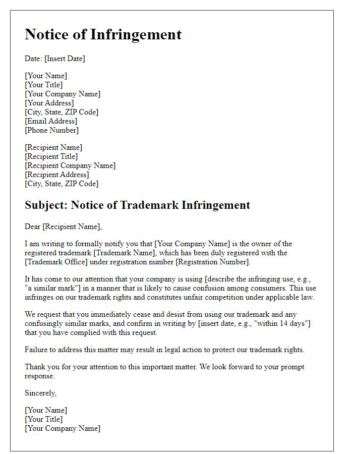 Letter template of notice of infringement for trademark rights