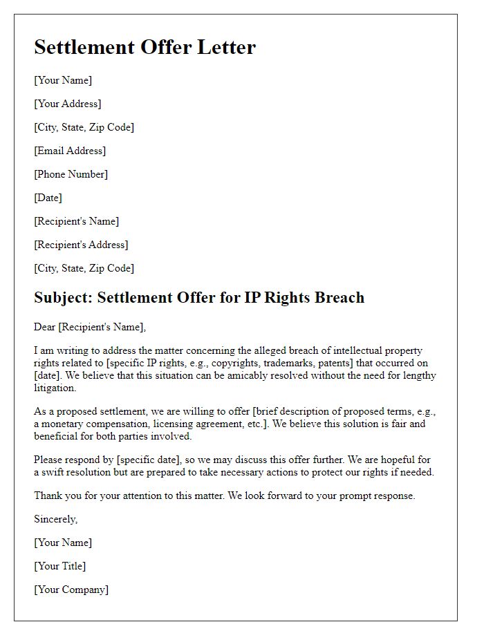 Letter template of settlement offer for IP rights breach