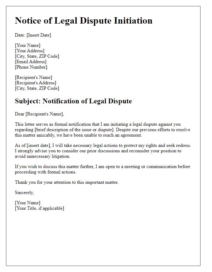 Letter template of alert regarding legal dispute initiation