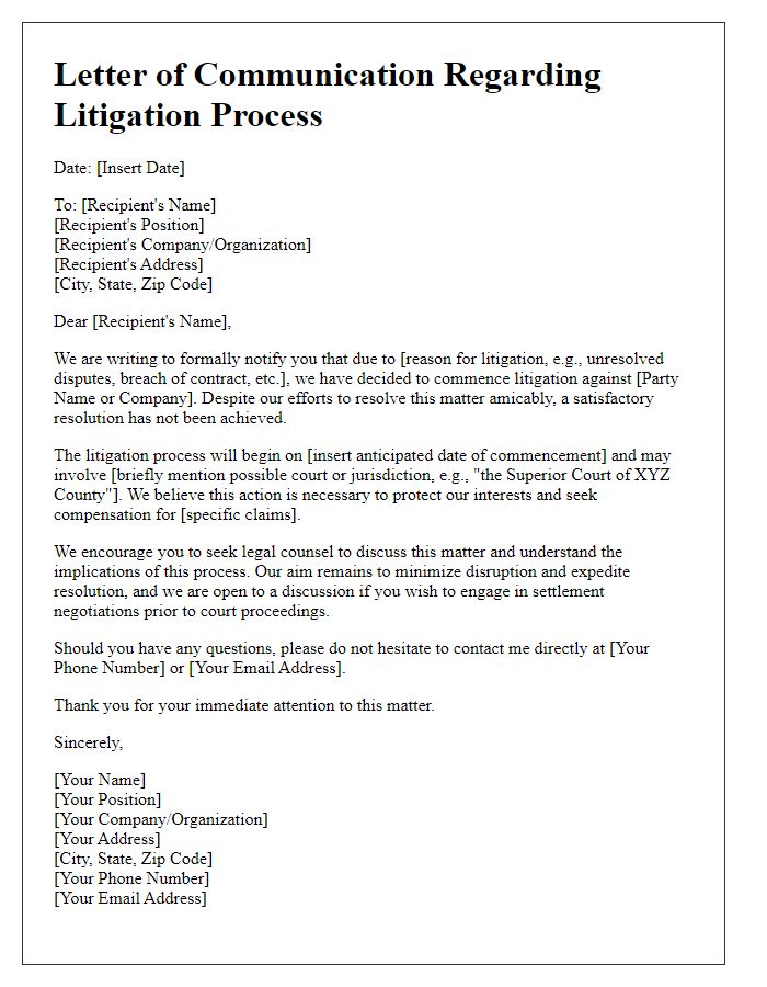 Letter template of communication concerning litigation process commencement