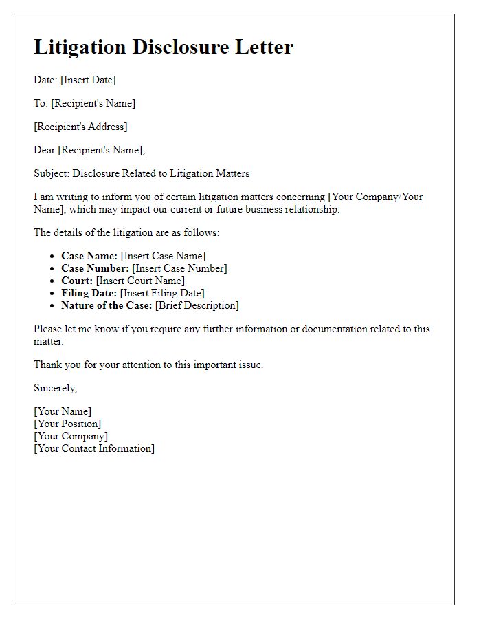 Letter template of disclosure related to litigation matters