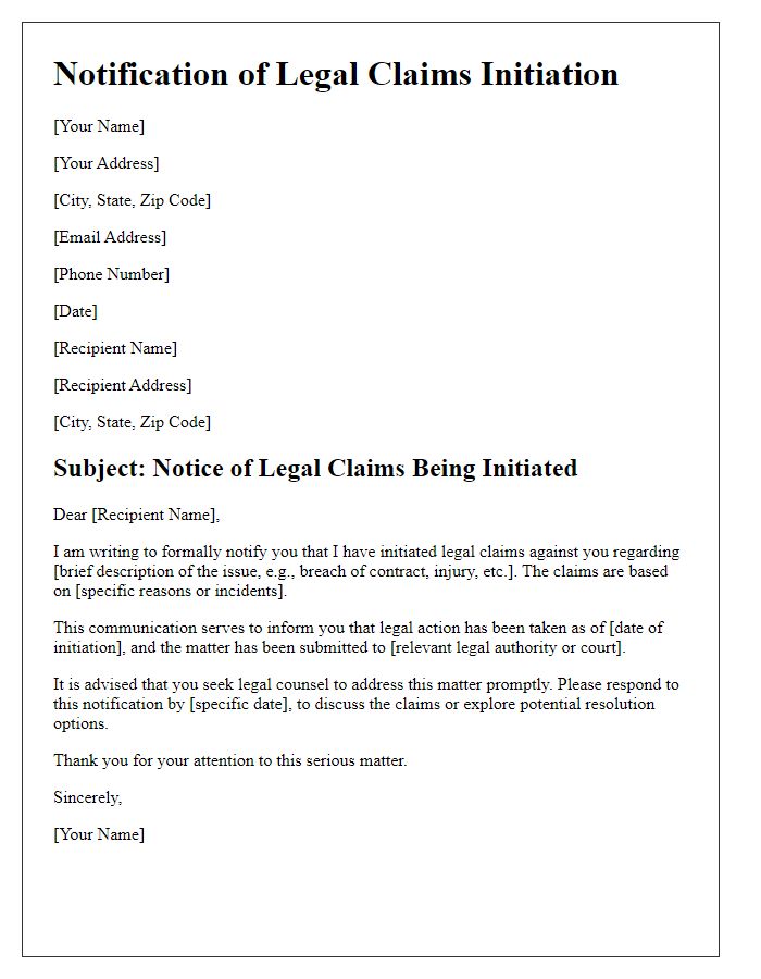 Letter template of information on legal claims being initiated