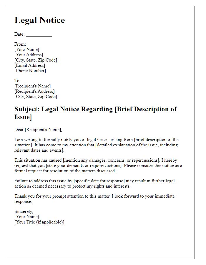 Letter template of notice for legal issues arising