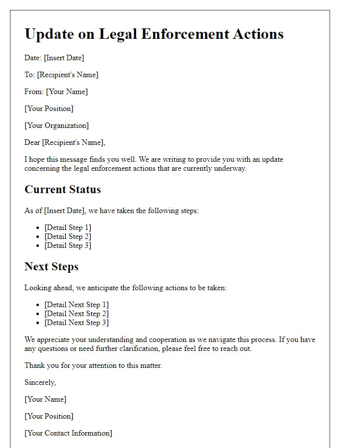 Letter template of update regarding legal enforcement actions