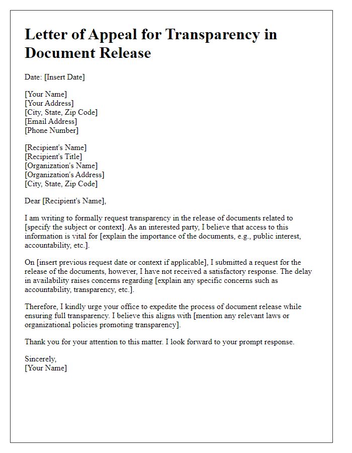 Letter template of appeal for transparency in document release