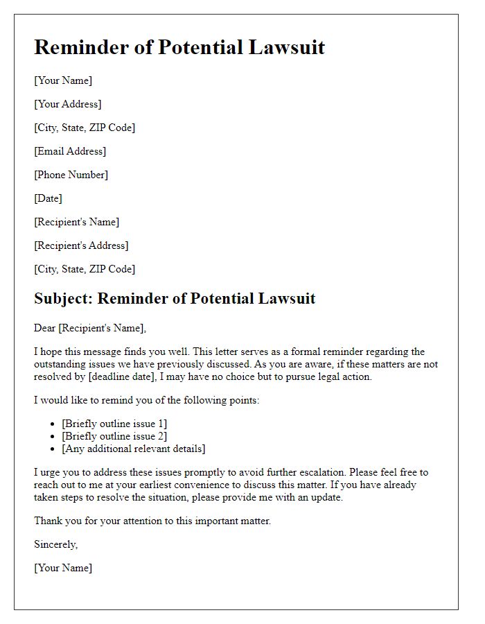 Letter template of reminder of potential lawsuit