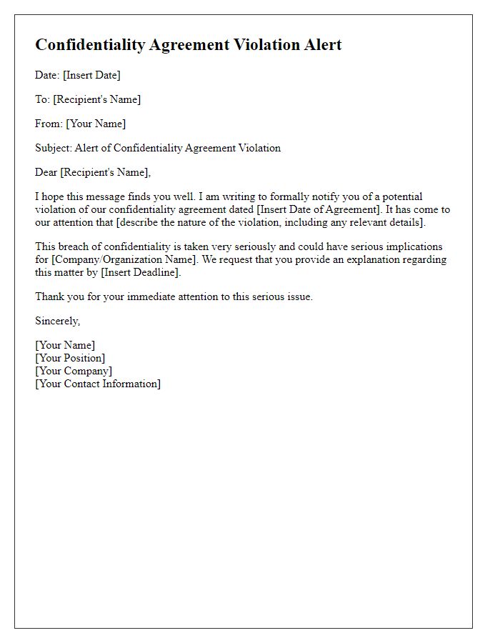 Letter template of Confidentiality Agreement Violation Alert