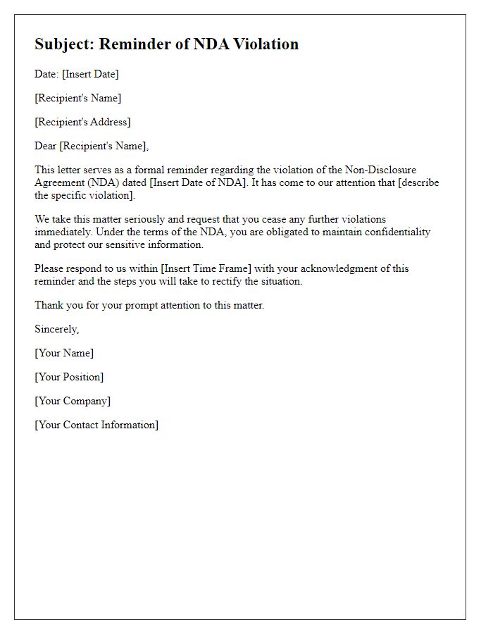 Letter template of NDA Violation Reminder