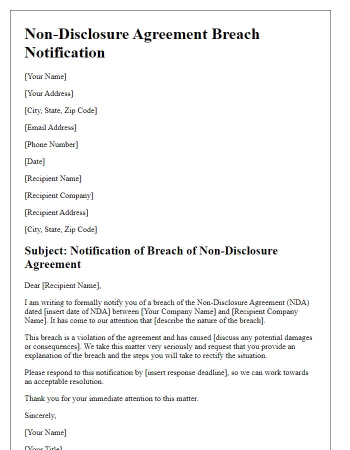 Letter template of Non-Disclosure Agreement Breach Notification