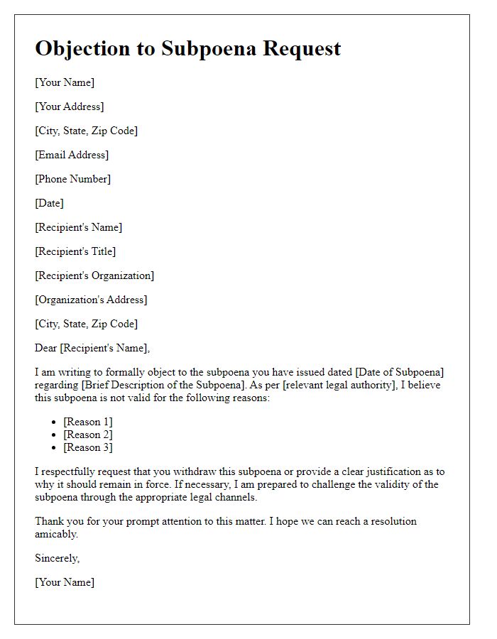 Letter template of objection to subpoena request