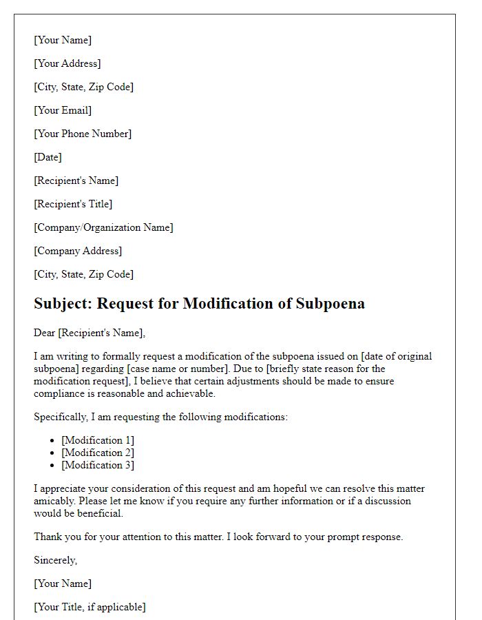 Letter template of request for modification of subpoena