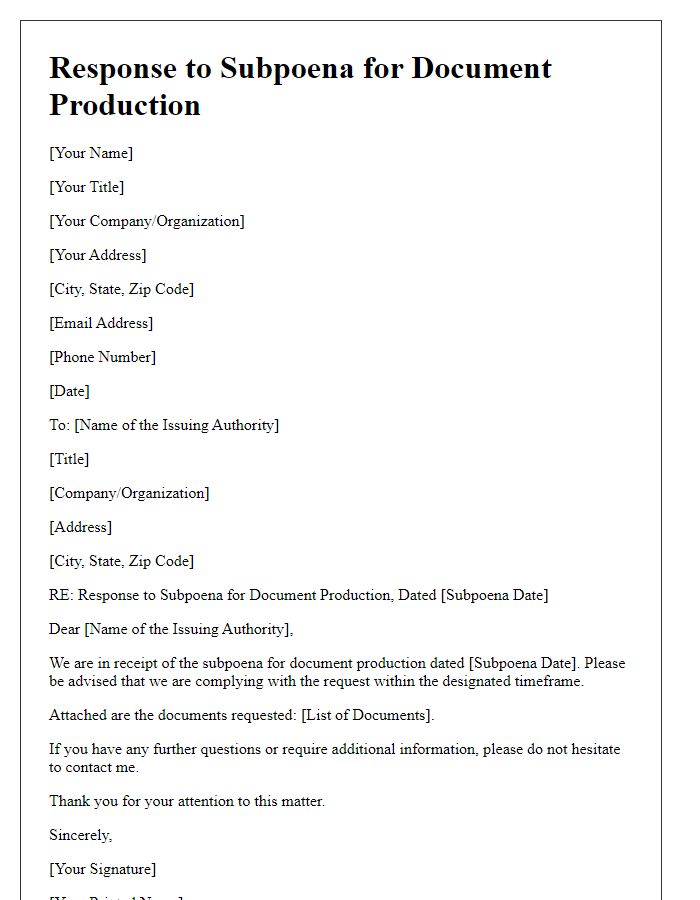 Letter template of response to subpoena for document production