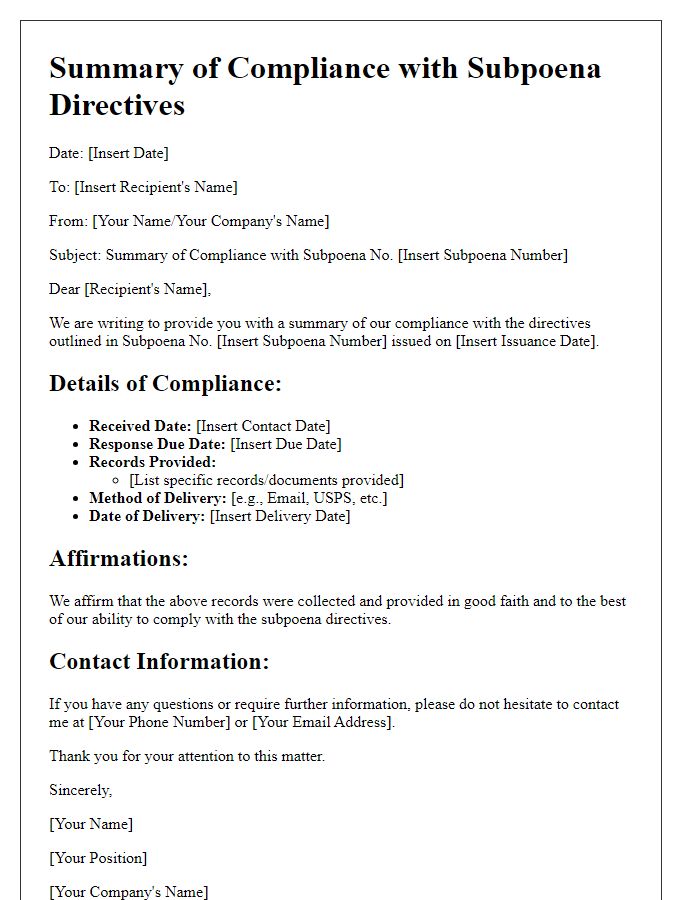 Letter template of summary of compliance with subpoena directives