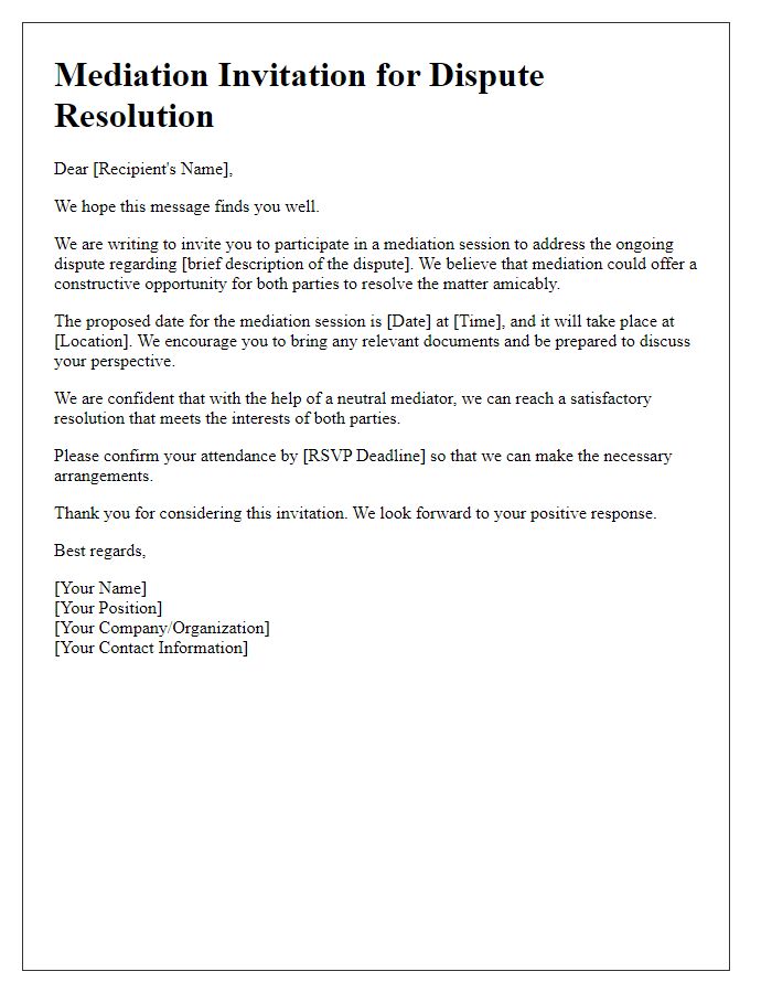 Letter template of mediation invitation for dispute resolution