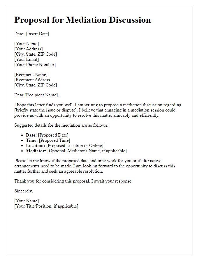 Letter template of proposal for mediation discussion