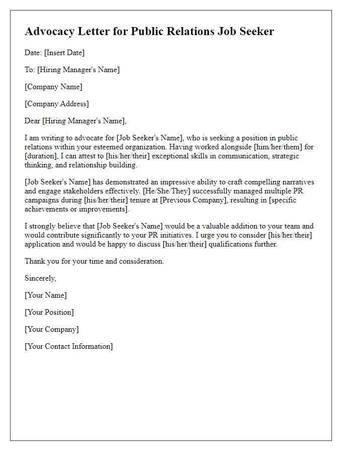 Letter template of advocacy for public relations job seeker