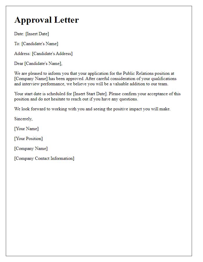 Letter template of approval for public relations candidate