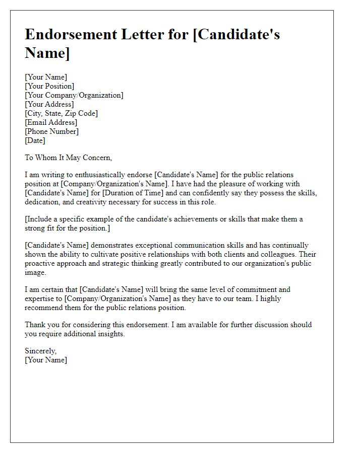 Letter template of endorsement for public relations position