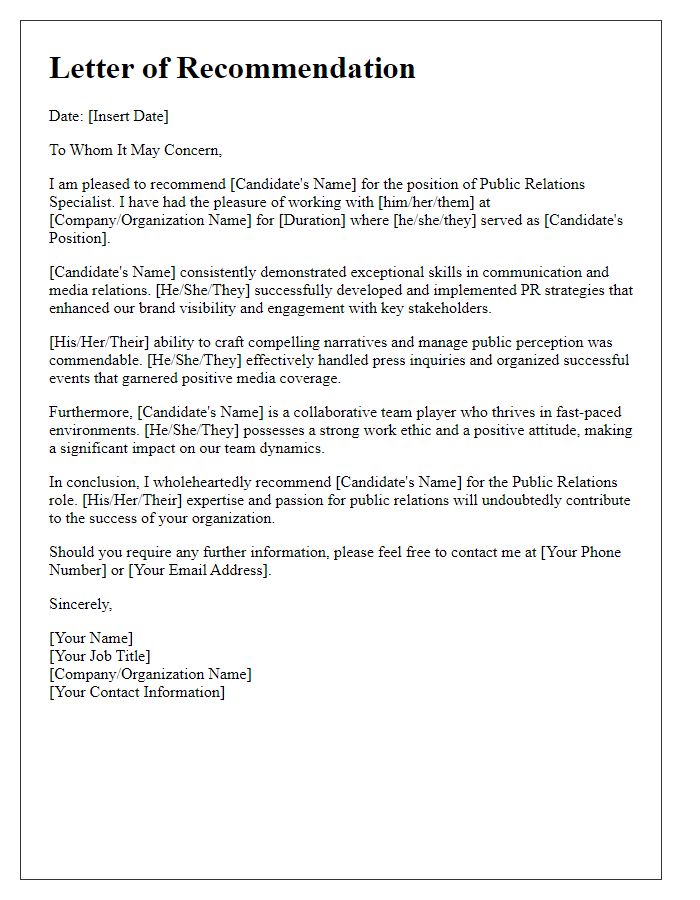 Letter template of recommendation for public relations role