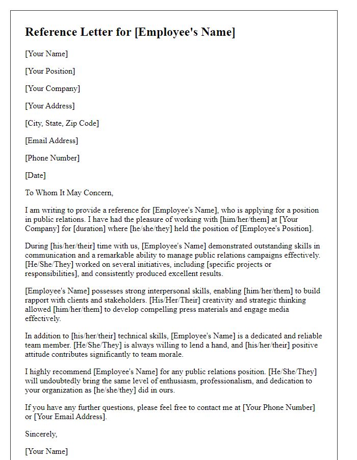 Letter template of reference for public relations prospective employee