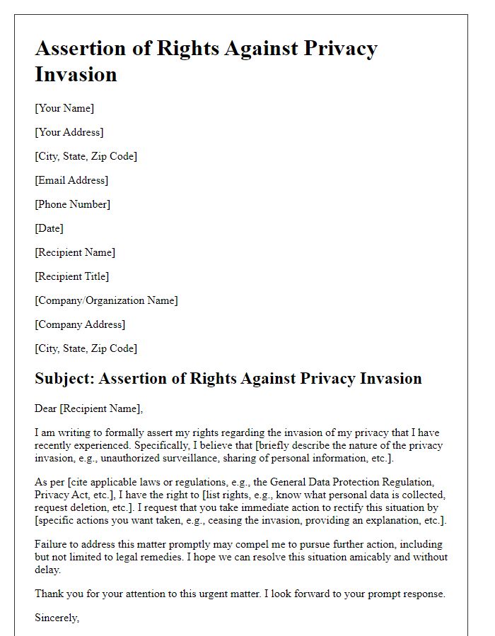 Letter template of assertion for rights against privacy invasion