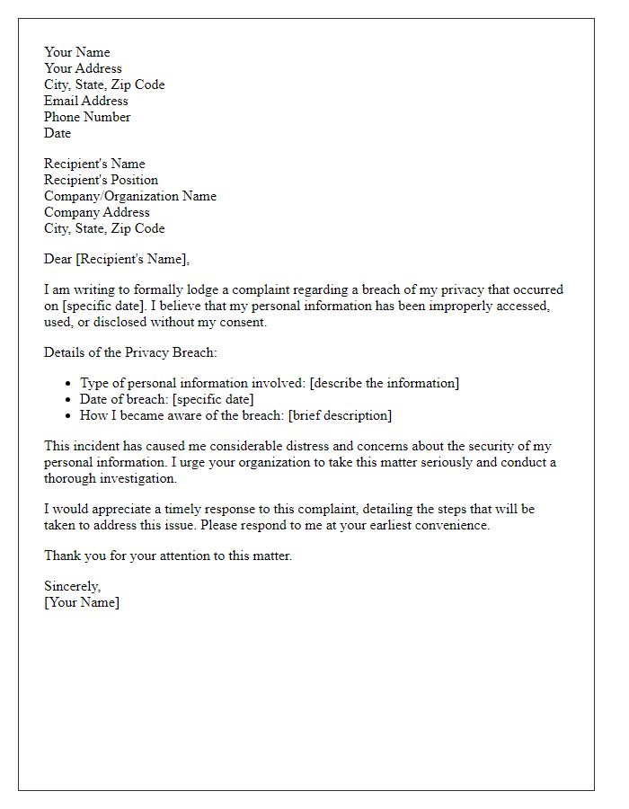 Letter template of formal complaint regarding privacy breach