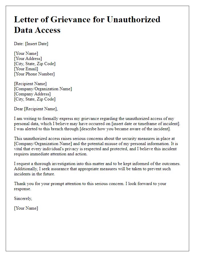 Letter template of grievance for unauthorized data access