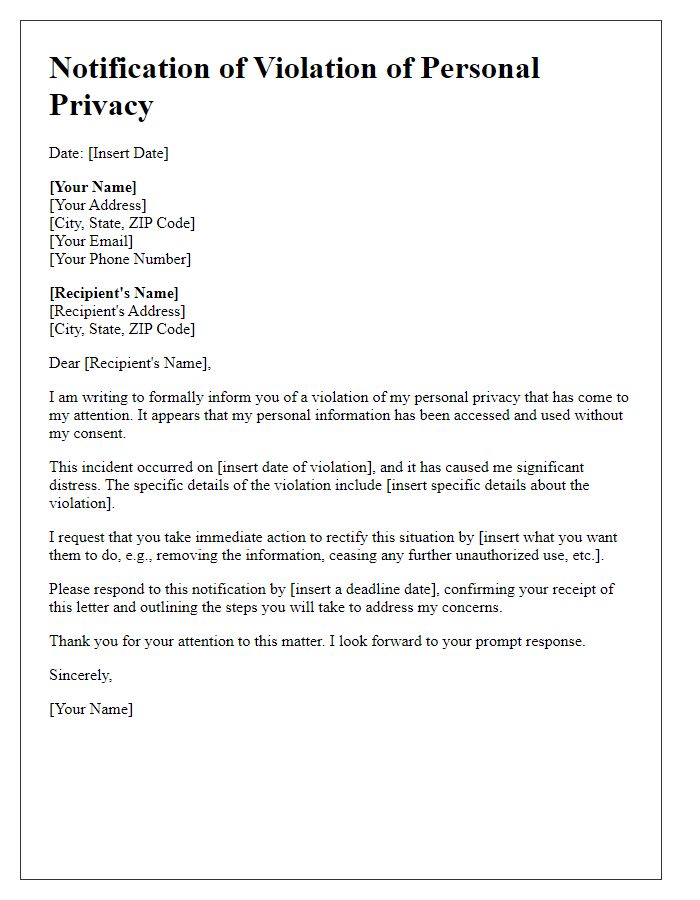 Letter template of notification for violation of personal privacy