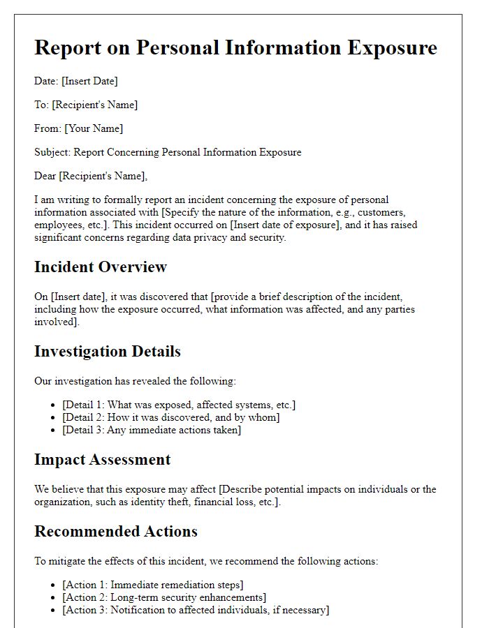 Letter template of report concerning personal information exposure