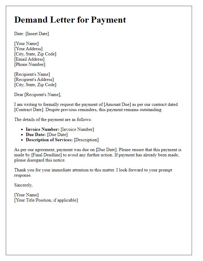 Letter template of demand letter for contract payment recovery