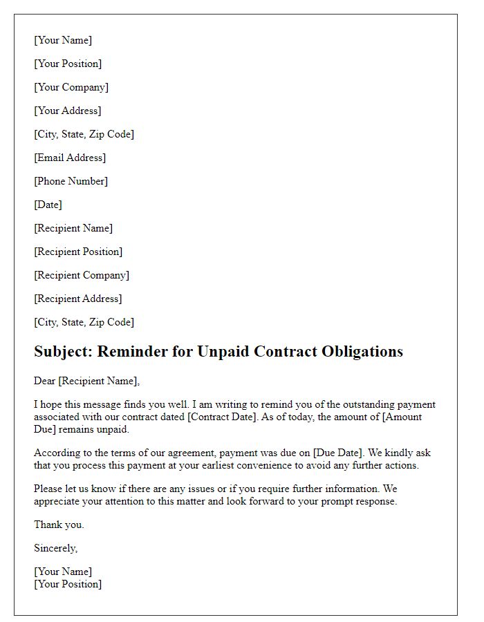 Letter template of formal reminder for unpaid contract obligations