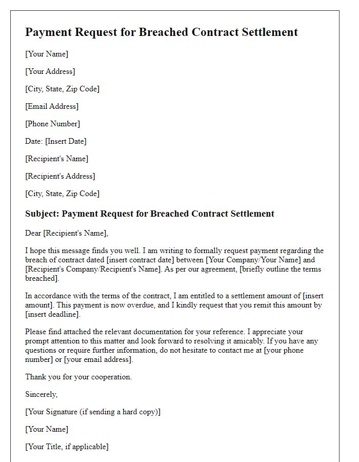 Letter template of payment request for breached contract settlement