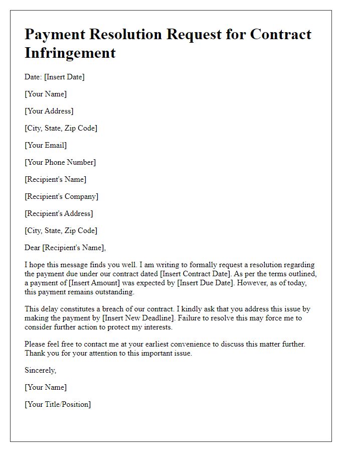 Letter template of payment resolution request for contract infringement