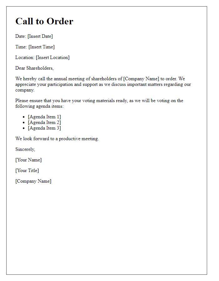 Letter template of shareholder meeting call to order