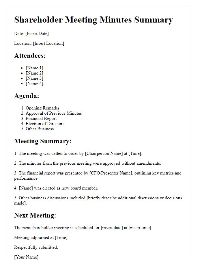 Letter template of shareholder meeting minutes summary