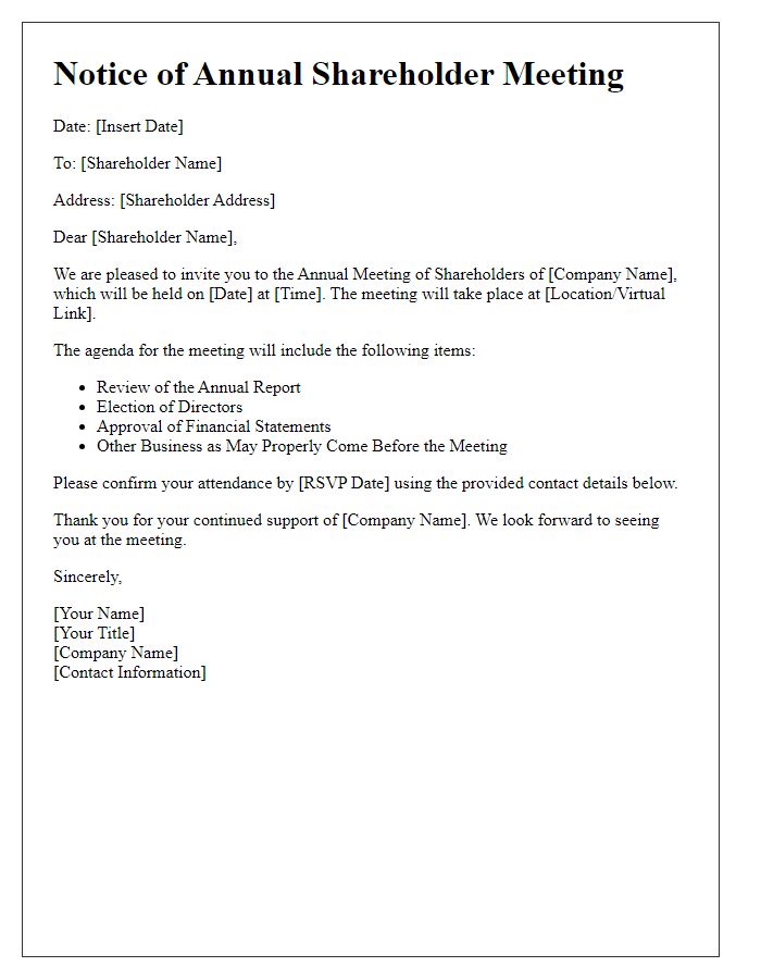 Letter template of shareholder meeting notification for annual gathering