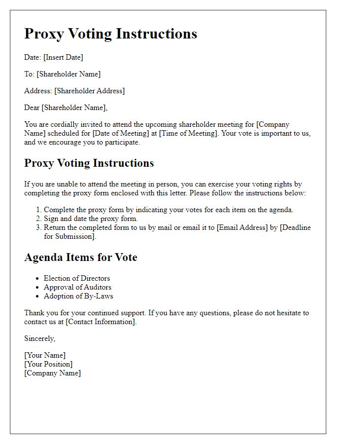 Letter template of shareholder meeting proxy voting instructions