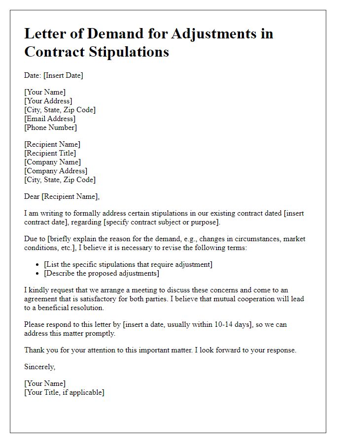 Letter template of demand for adjustments in contract stipulations.