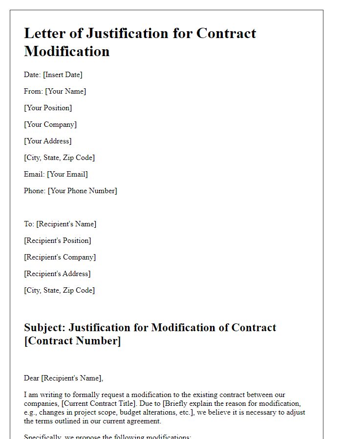 Letter template of justification for modifying current contract.