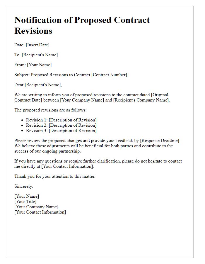 Letter template of notification for proposed contract revisions.