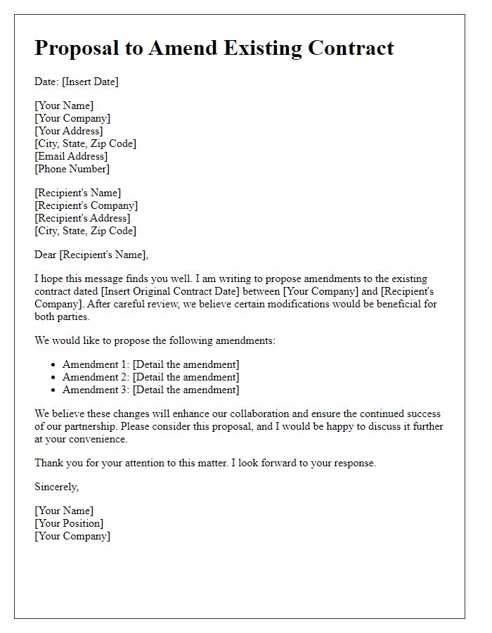 Letter template of proposal to amend existing contract terms.