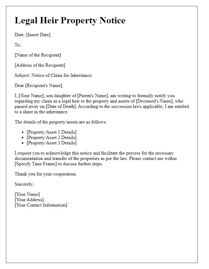 Letter template of Legal Heir Property Notice for Claiming Inheritance