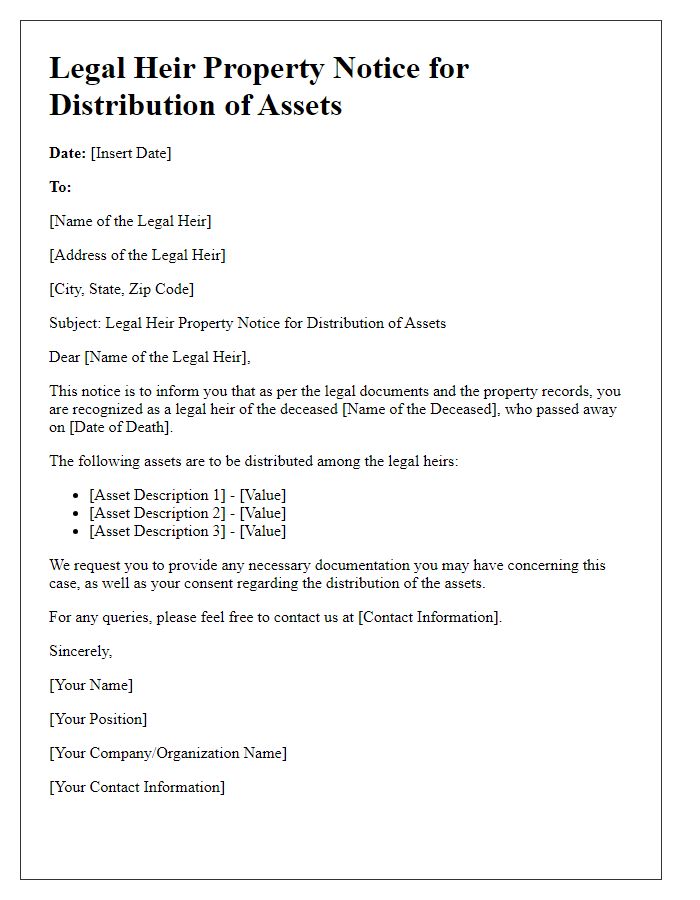 Letter template of Legal Heir Property Notice for Distribution of Assets