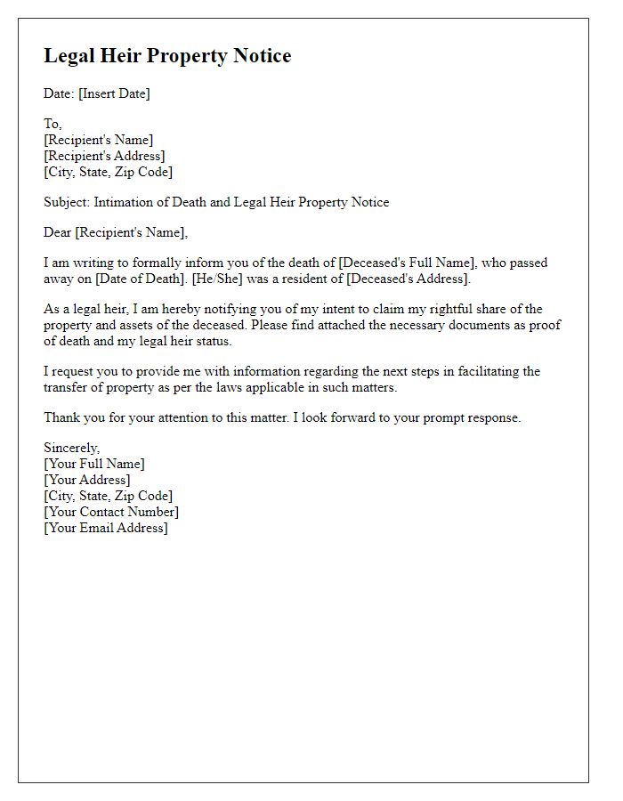 Letter template of Legal Heir Property Notice for Intimation of Death