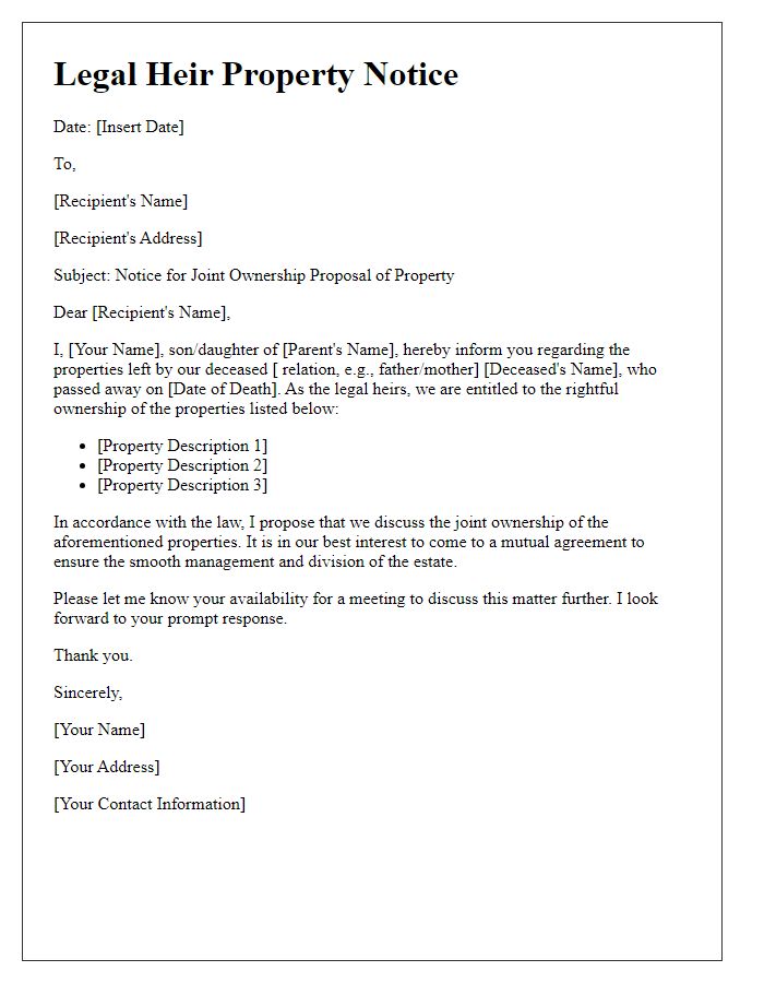 Letter template of Legal Heir Property Notice for Joint Ownership Proposal