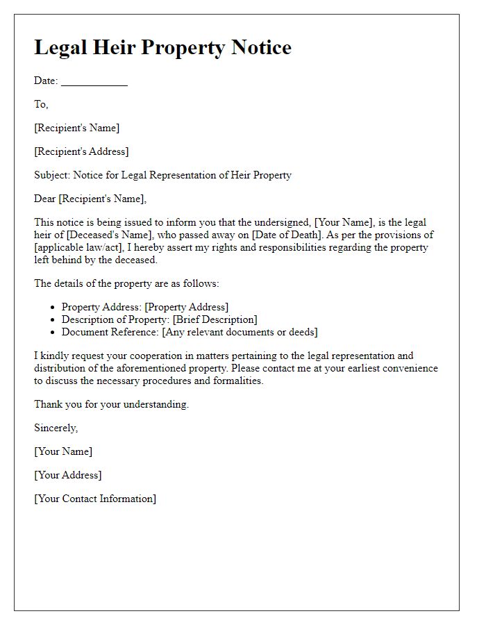 Letter template of Legal Heir Property Notice for Legal Representation