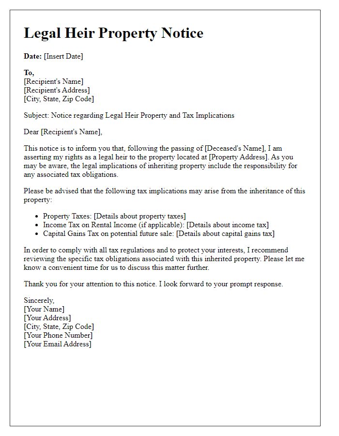 Letter template of Legal Heir Property Notice for Tax Implications