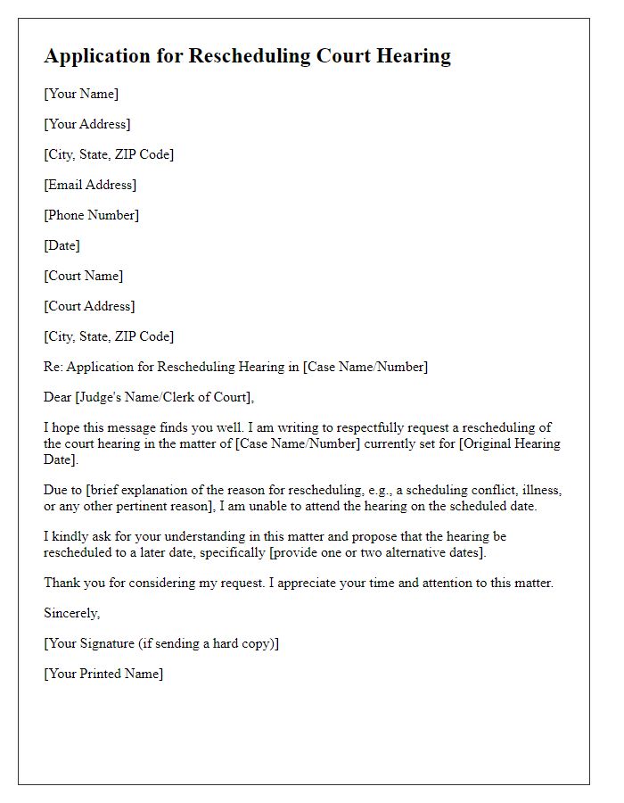 Letter template of Application for Court Hearing Rescheduling