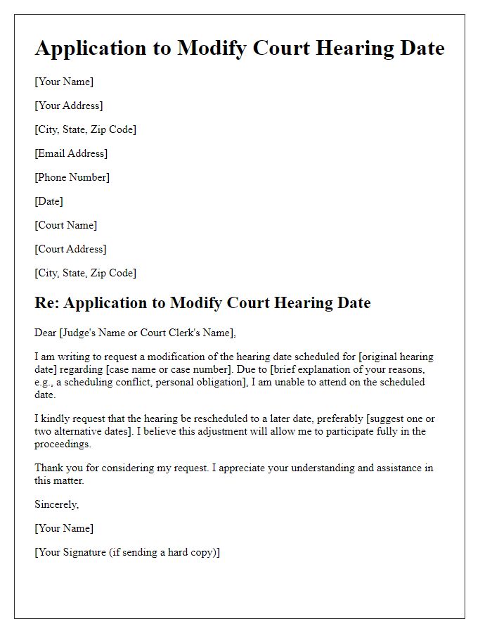 Letter template of Application to Modify Court Hearing Date